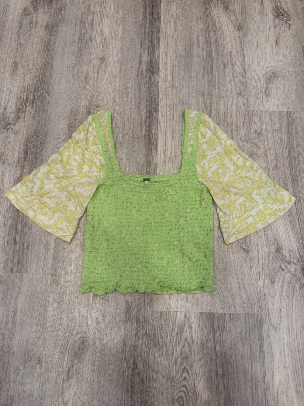 Free People XS Green Smocked Bell Sleeve Crop Top Boho